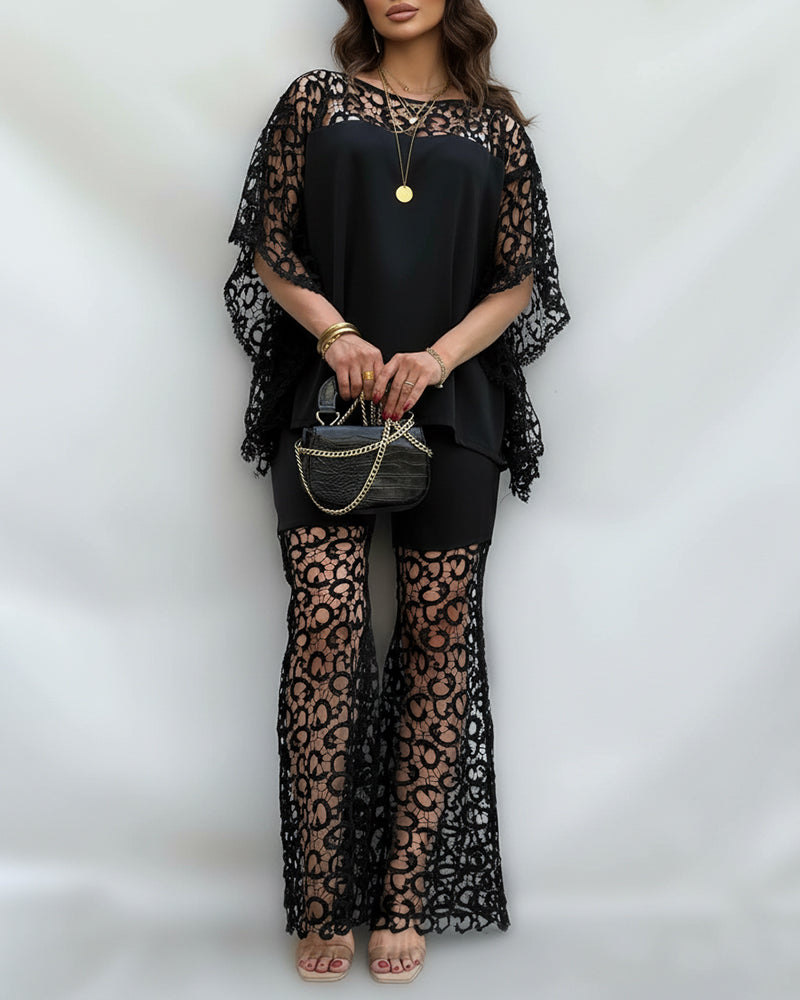 2 Pieces Outfit Batwing Sleeve Hollow-out Back Top and Elastic Waist Flared Pants Set Casual Hollow-out Lace Spliced Set