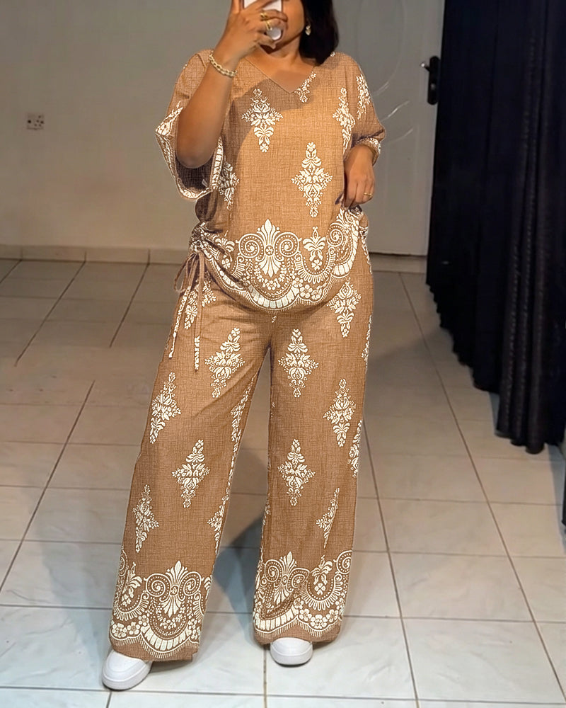 Women's Vintage Print 2 Piece Outfits V Neck Drawstring Ruched Top and Wide Leg Pants Set Casual Loose Loungewear