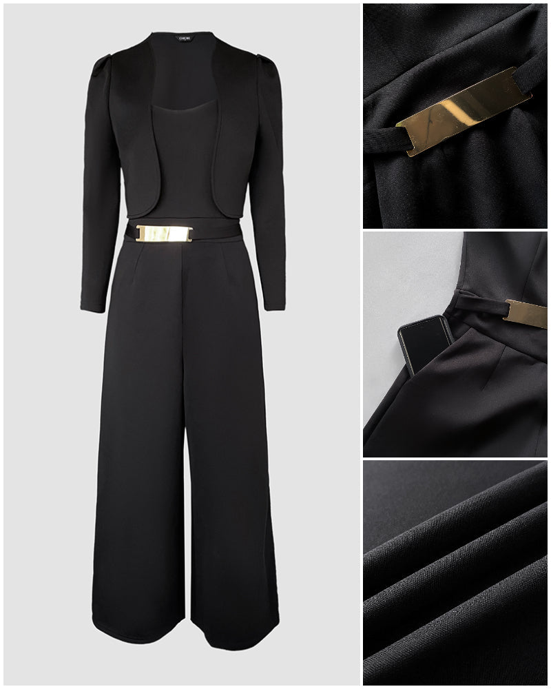 2 Pieces Outfit Metal Decor Square Neck Thick Strap Zipper Back Cinched Waist Wide Leg Jumpsuit And Casual Crop Cardigan Set
