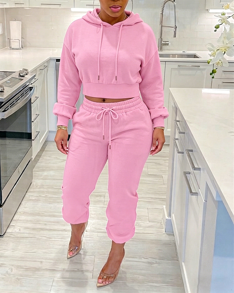 Women's 2 Piece Sweatsuit Set Cropped Drawstring Hoodie and High Waisted Jogger Sweatpants with Pockets