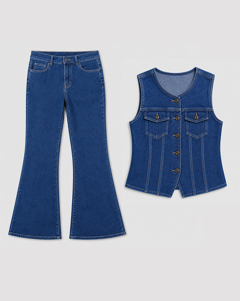 Women's 2 Piece Denim Outfits Sleeveless Button Down Vest and High Waisted Flare Jeans Set Vintage Suits with Pockets