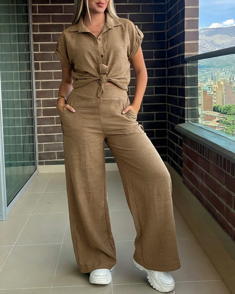 Women's 2 Piece Set Roll Up Sleeve Button Down Shirt and High Waist Wide Leg Pants