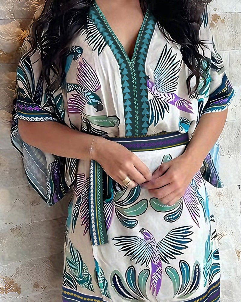 2 Pieces Outfit V-Neck Batwing Sleeve Bodysuit and Zipper Back Tie Waist Wrap Front Skirt Set Casual Animal & Plants Print Vacation Set