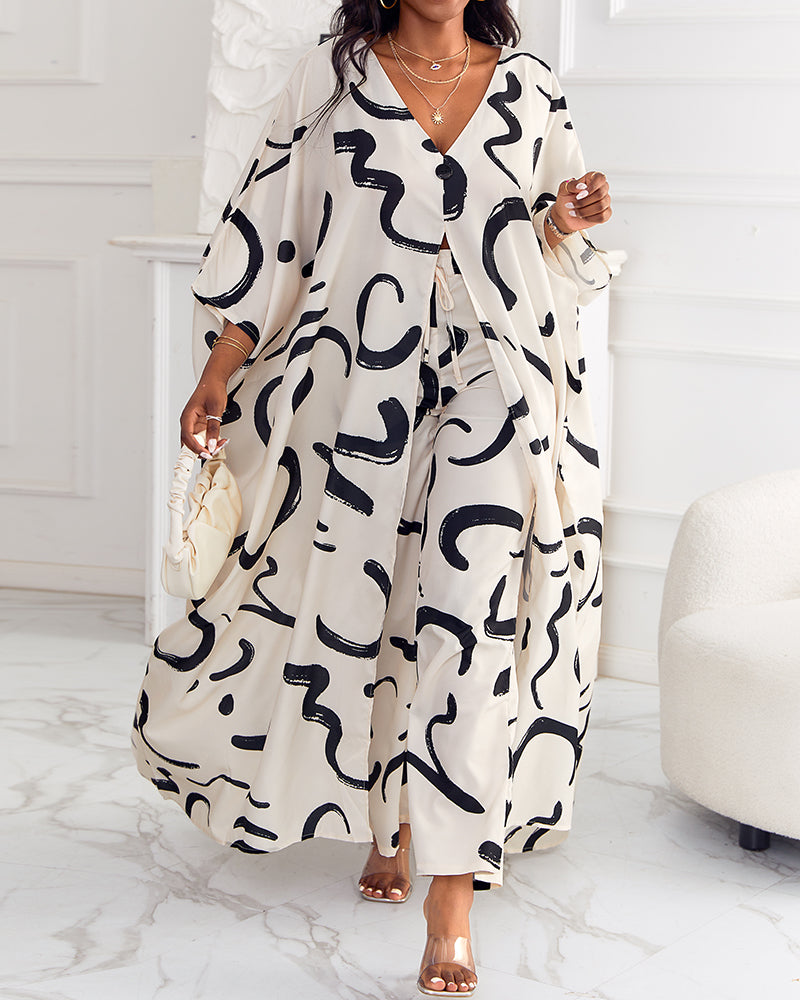Women's 2 Piece Abstract Print Outfits V-Neck High Slit Longline Top and Wide Leg Pants Set Casual Loose Vacation Set