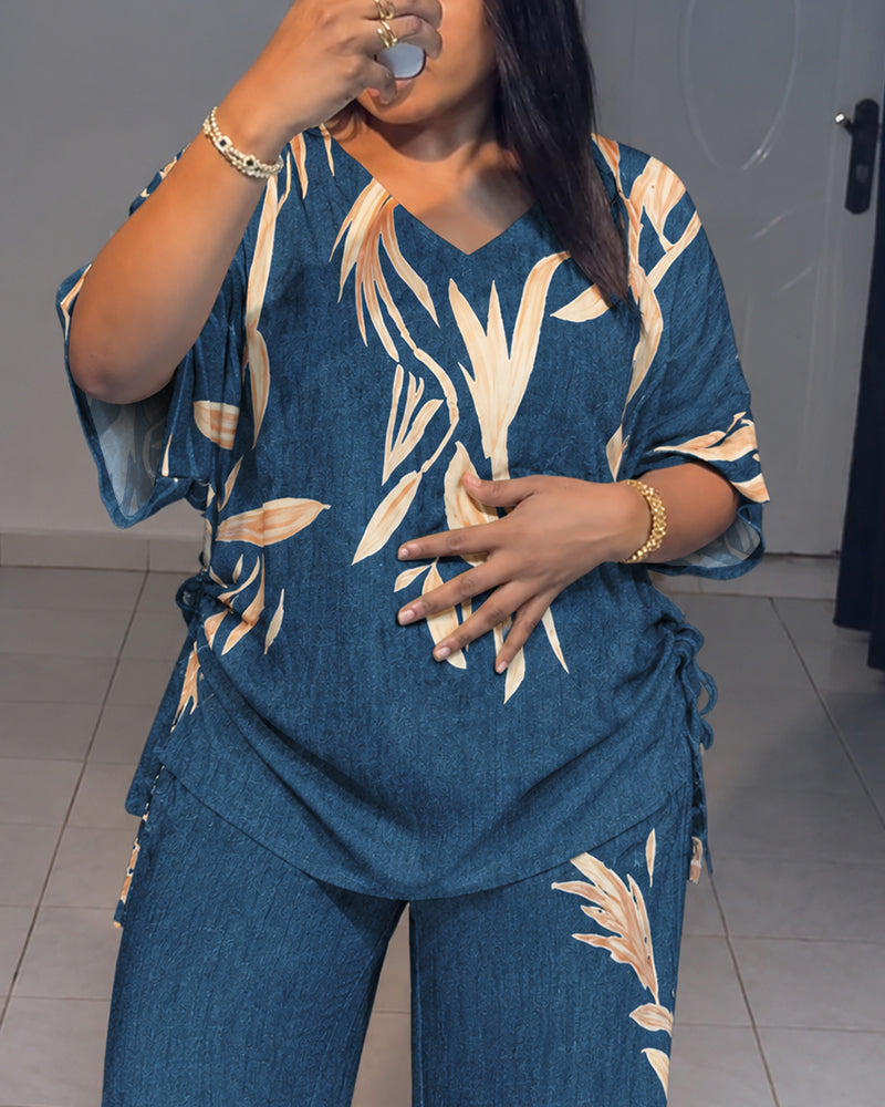 Women's Tropical Plants Print 2 Piece Outfits V Neck Drawstring Ruched Top and Wide Leg Pants Set Casual Loose Loungewear