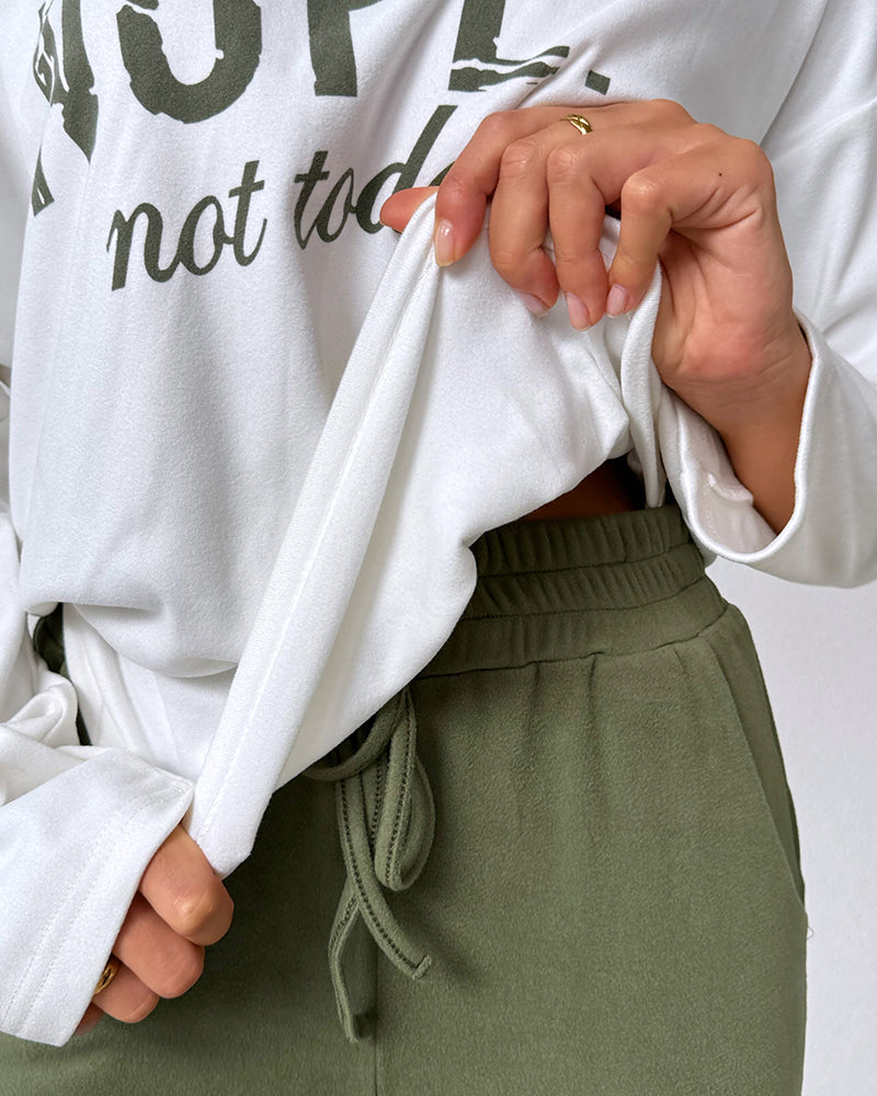 2 Pieces Outfit Nope. Not Today Slogan Print Skew Neck Long Sleeve Pullover Top And Casual Drawstring Stretchy Waist Slim Fit Pants Set