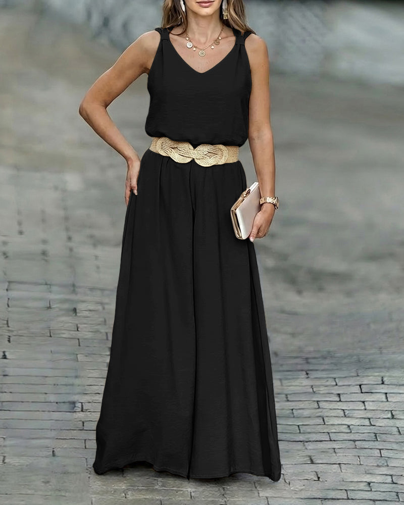 2 Pieces Outfit V-Neck Shoulder Bowknot Design Sleeveless Tank Top and Casual Zipper Fly Elastic Back Waist Wide Leg Pants Set without Belt