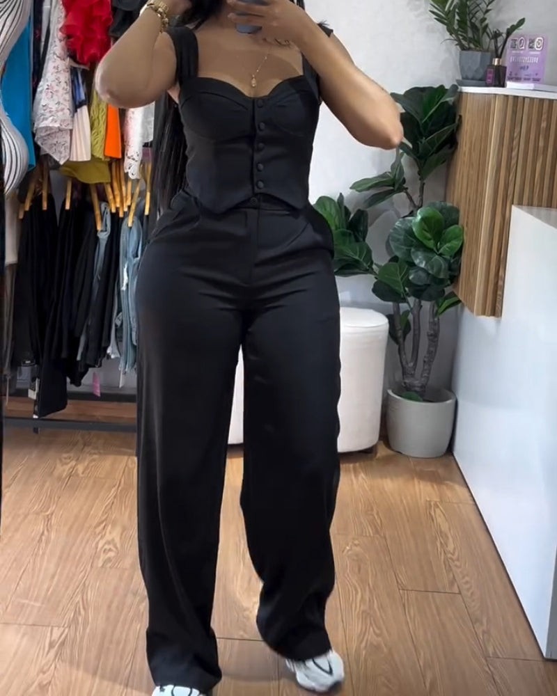 2 Pieces Outfit Thick Strap Button Front Shirred Back Slim Fit Crop Top and Casual High Waist Zipper Fly Elastic Back Waist Wide Leg Pants Set