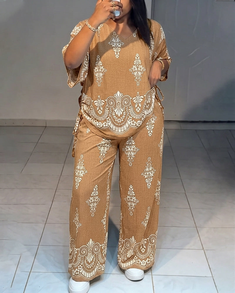 Women's Vintage Print 2 Piece Outfits V Neck Drawstring Ruched Top and Wide Leg Pants Set Casual Loose Loungewear