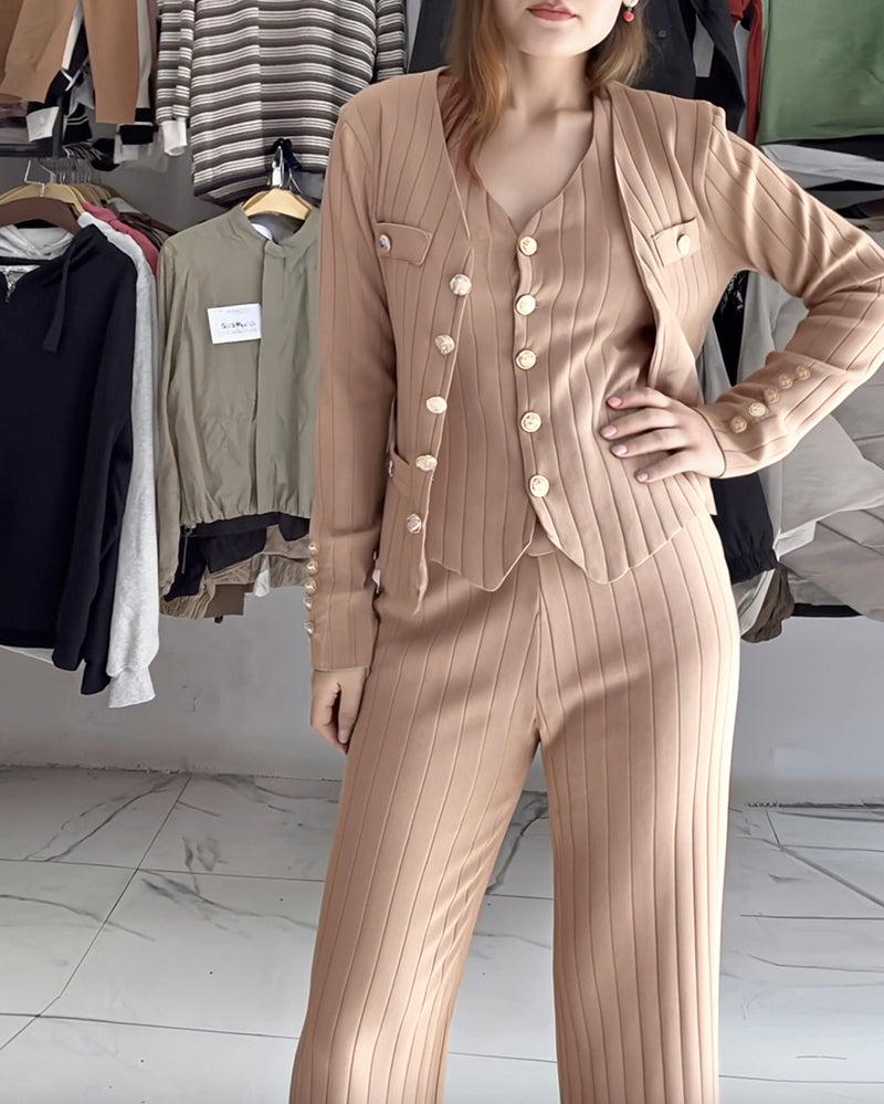 3 Pcs Outfits V Neck Long Sleeve Knit Coat with Metal Button Detail Tank Top Casual Long Pants Knit Sets