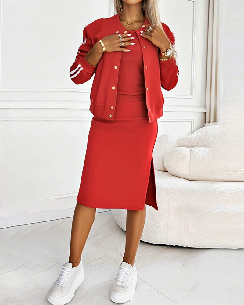 Women's 3 Piece Tracksuit Set Baseball Collar Jacket and Slim Fit Side Slit Skirt with Ribbed Tank Top
