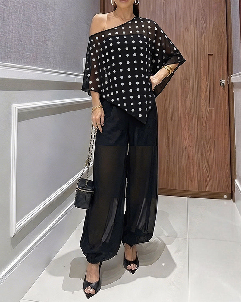 Women's 3 Piece Outfits Polka Dot Skew Neck Cape Top and Sheer Lantern Pants Set with Camisole Liner Party Clubwear