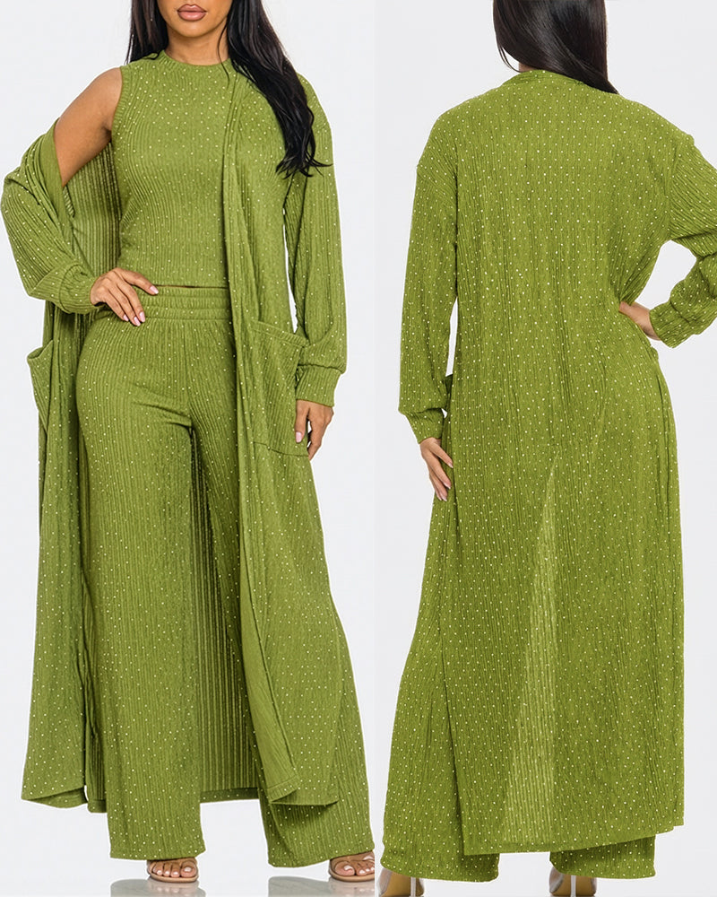 3 Pieces Outfits Cozy Comfort Glitter Long Sleeve Longline Coat and Cropped Ribbed Knit Tank Wide Leg Pants Set