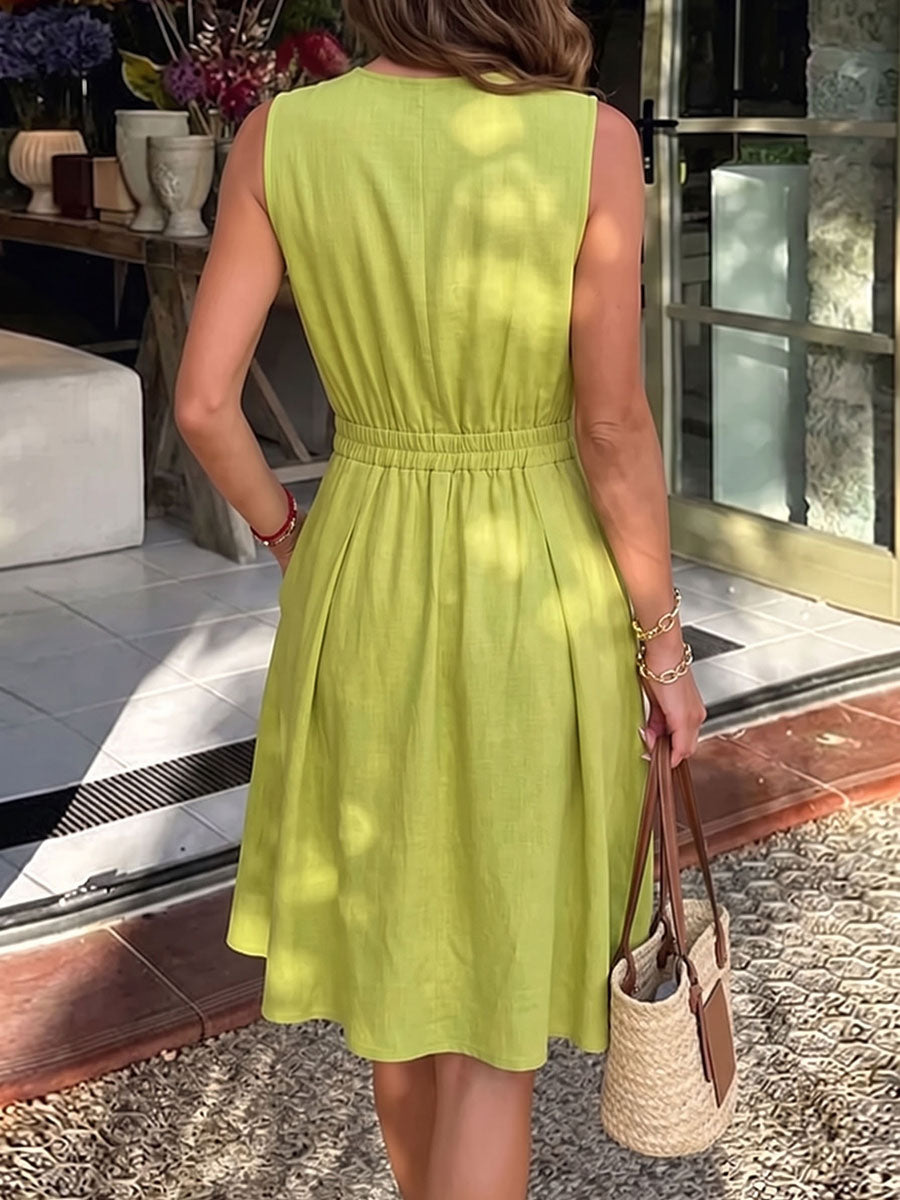 A-Line Sleeveless Pleated Pockets Solid Color Zipper Round-Neck Mini Dresses