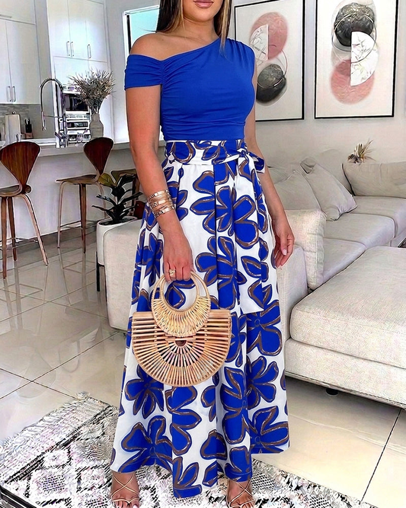 Women's 2 Piece Skirt Set Skew Neck Ruched Slim Fit Top and High Waisted Floral Print A Line Skirt with Pockets