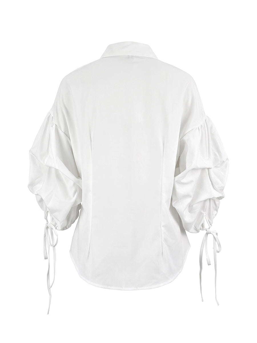 Loose Puff Sleeves Buttoned Solid Color Tied Lapel Blouses&Shirts Tops