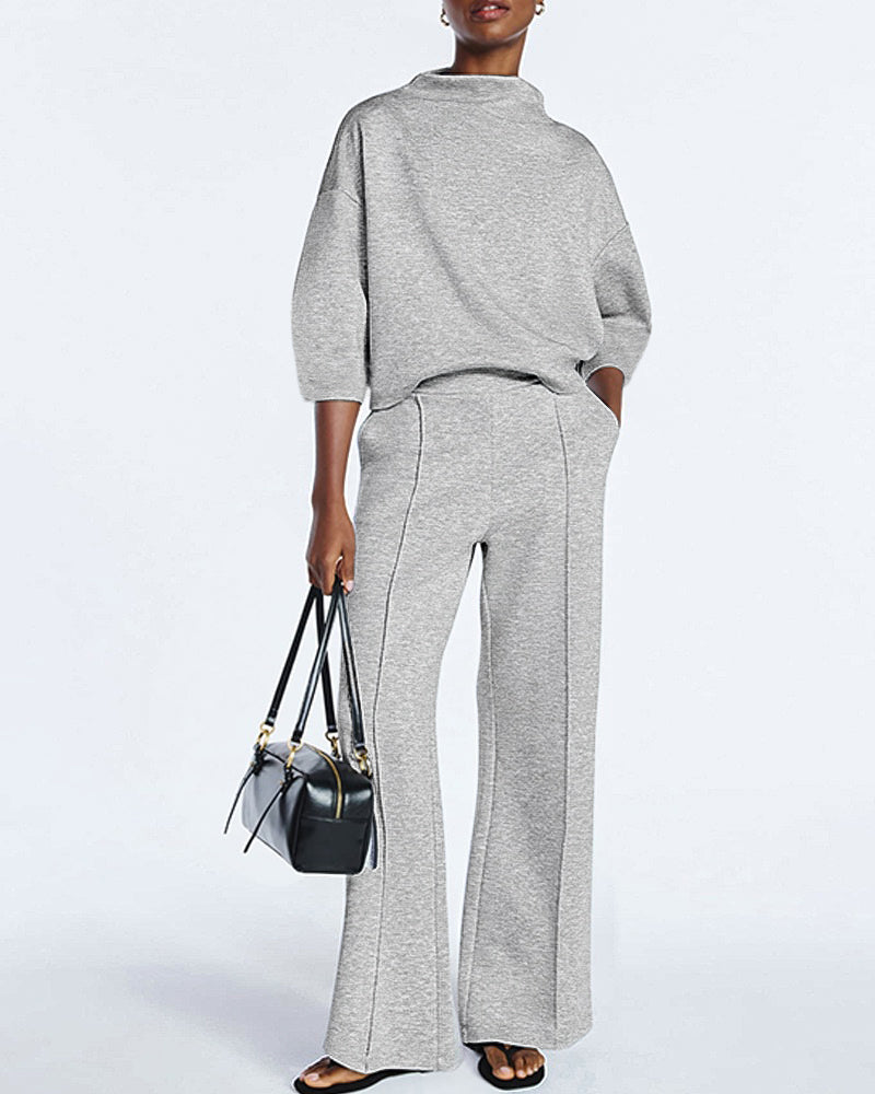 Women's 2 Piece Sweatsuit Set Mock Neck Zip Sweatshirt and High Waisted Straight Leg Sweatpants Casual Loungewear