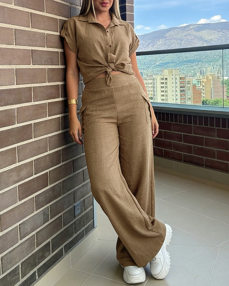 Women's 2 Piece Set Roll Up Sleeve Button Down Shirt and High Waist Wide Leg Pants
