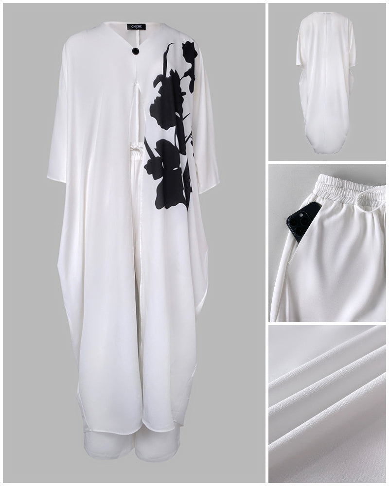 2 Pieces Outfit Floral Placement Print V-Neck Batwing Sleeve High Slit Front Longline Top and Casual Drawstring Elastic Waist Pants Set with Pockets & Lining