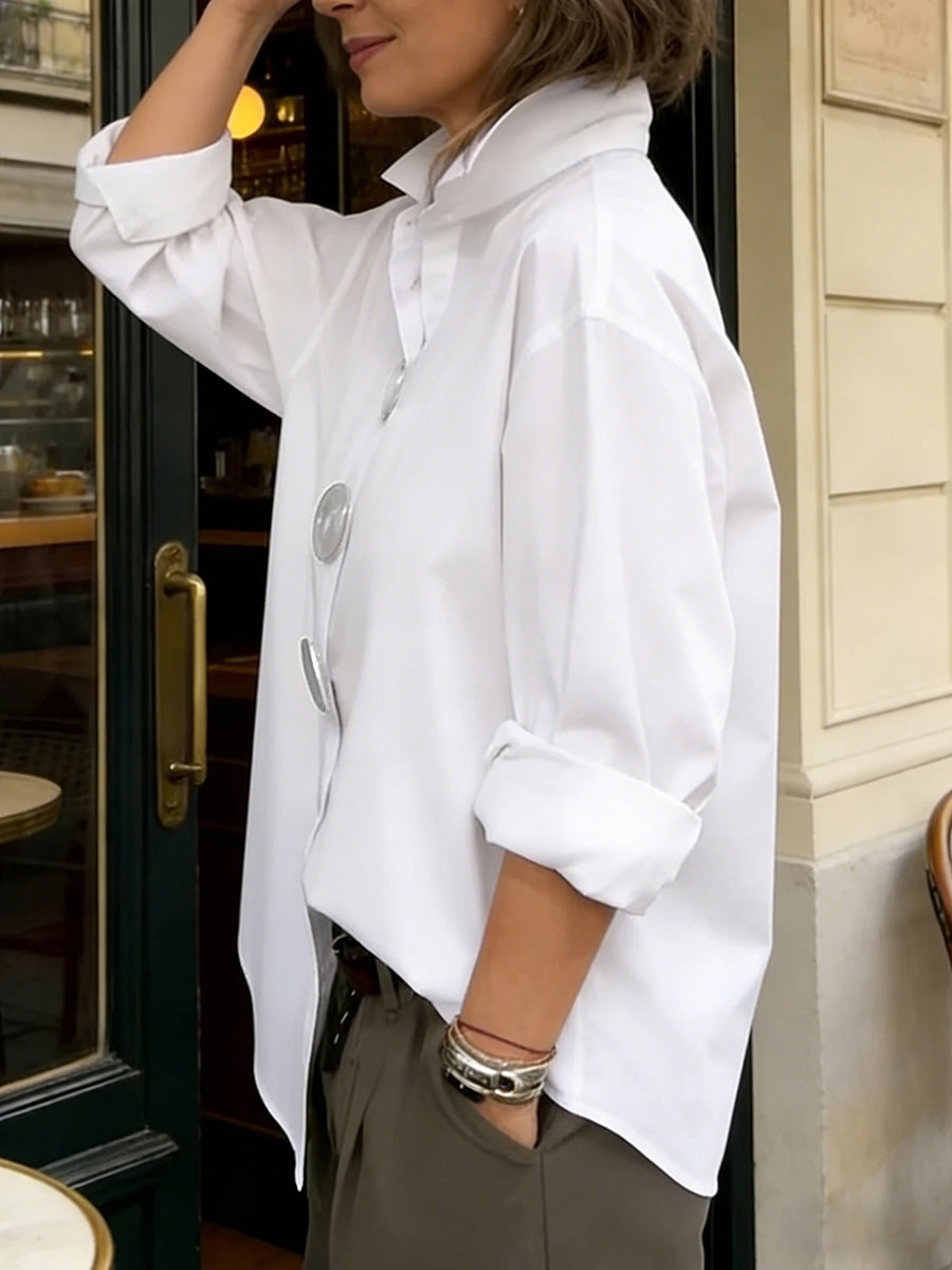 Split-Joint Solid Color Buttoned Loose Long Sleeves Lapel Blouses&Shirts Tops