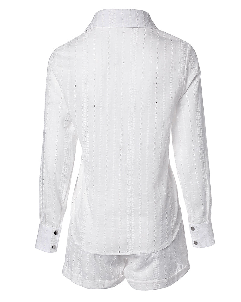 2 Pieces Outfit Turn Down Collar Button Front Eyelet Embroidery Top And Casual Elastic Waist Shorts Set With Lining