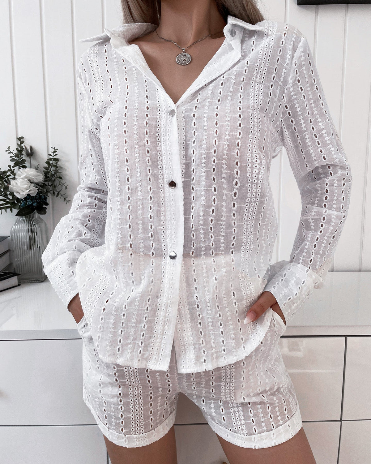 2 Pieces Outfit Turn Down Collar Button Front Eyelet Embroidery Top And Casual Elastic Waist Shorts Set With Lining