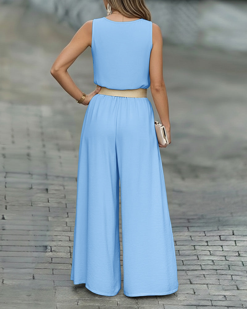 2 Pieces Outfit V-Neck Shoulder Bowknot Design Sleeveless Tank Top and Casual Zipper Fly Elastic Back Waist Wide Leg Pants Set without Belt