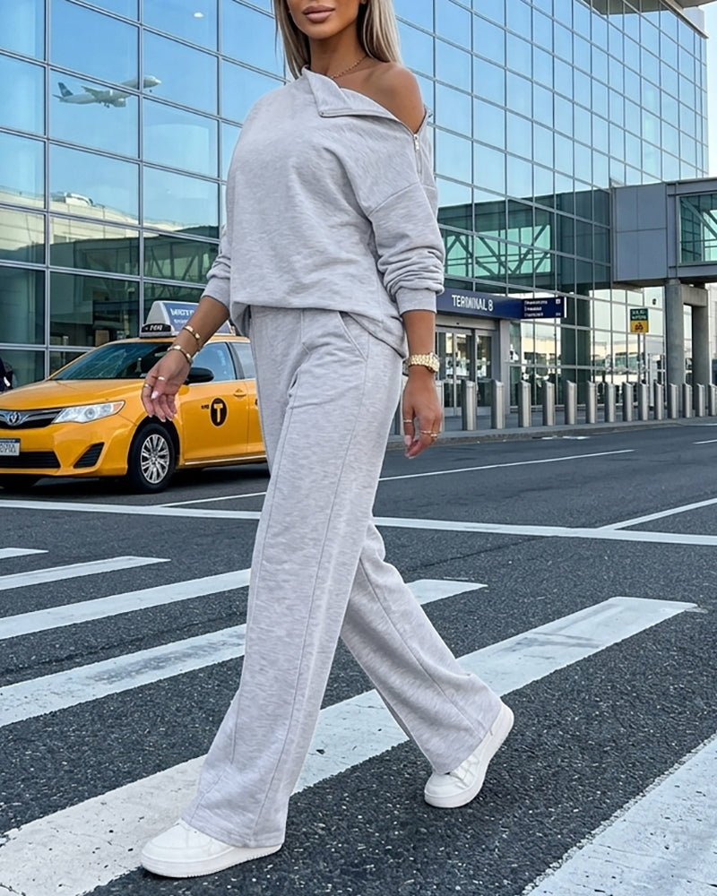 Women's 2 Piece Sweatsuit Set Mock Neck Zip Sweatshirt and High Waisted Straight Leg Sweatpants Casual Loungewear