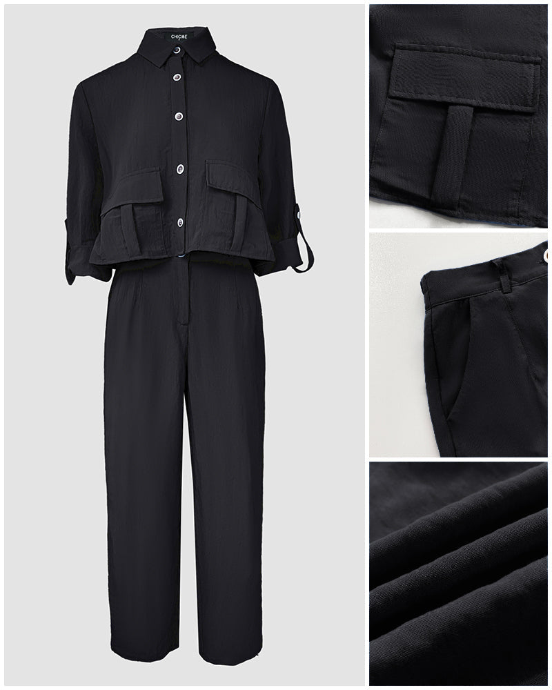 2 Pieces Outfit Turn-down Collar Turn-Up Sleeves Button Front Flap Pockets Design Top and Causal Zipper Fly Elastic Back Waist Wide Leg Pants Set