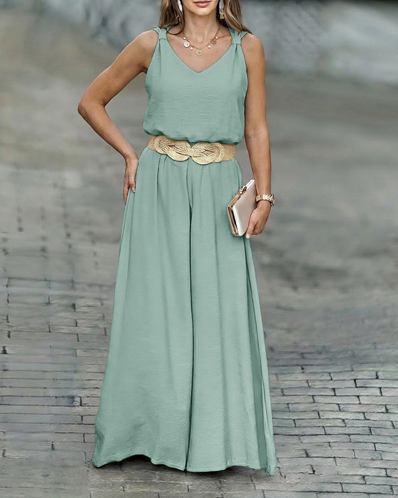 2 Pieces Outfit V-Neck Shoulder Bowknot Design Sleeveless Tank Top and Casual Zipper Fly Elastic Back Waist Wide Leg Pants Set without Belt