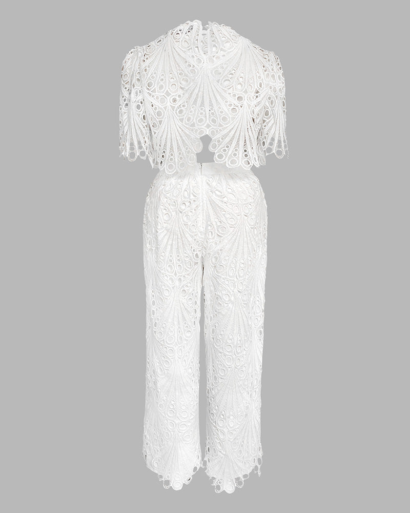 Women's 2-Piece Lace Matching Set Elegant Stand Collar Hollow Out Crop Top and High Waisted Straight Leg Pants Suit with Lining
