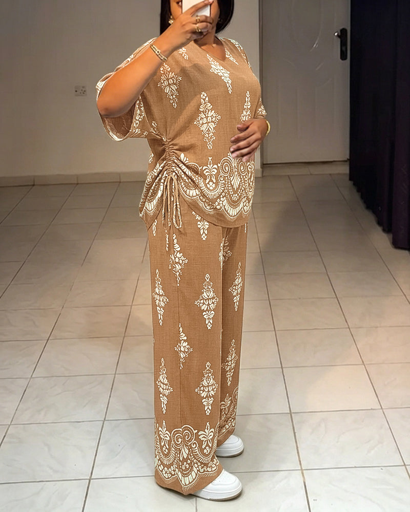 Women's Vintage Print 2 Piece Outfits V Neck Drawstring Ruched Top and Wide Leg Pants Set Casual Loose Loungewear