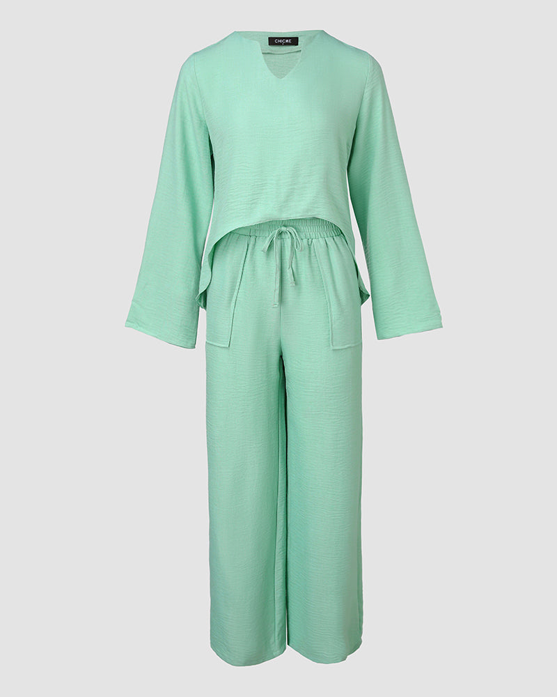 2 Piece Notch Neck Long Sleeve Asymmetrical Hem Tops Stretchy Waist Straight Leg Pants Lounge Sets Tracksuit