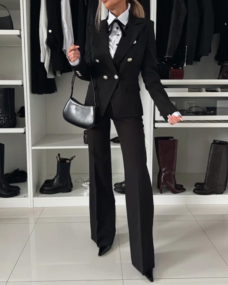 2 Pieces Outfit Notched Collar Double-Breasted Flap Detail Coat and Zipper Fly Elastic Back Waist Slim Fit Flared Pants Set Casual Blazer Set