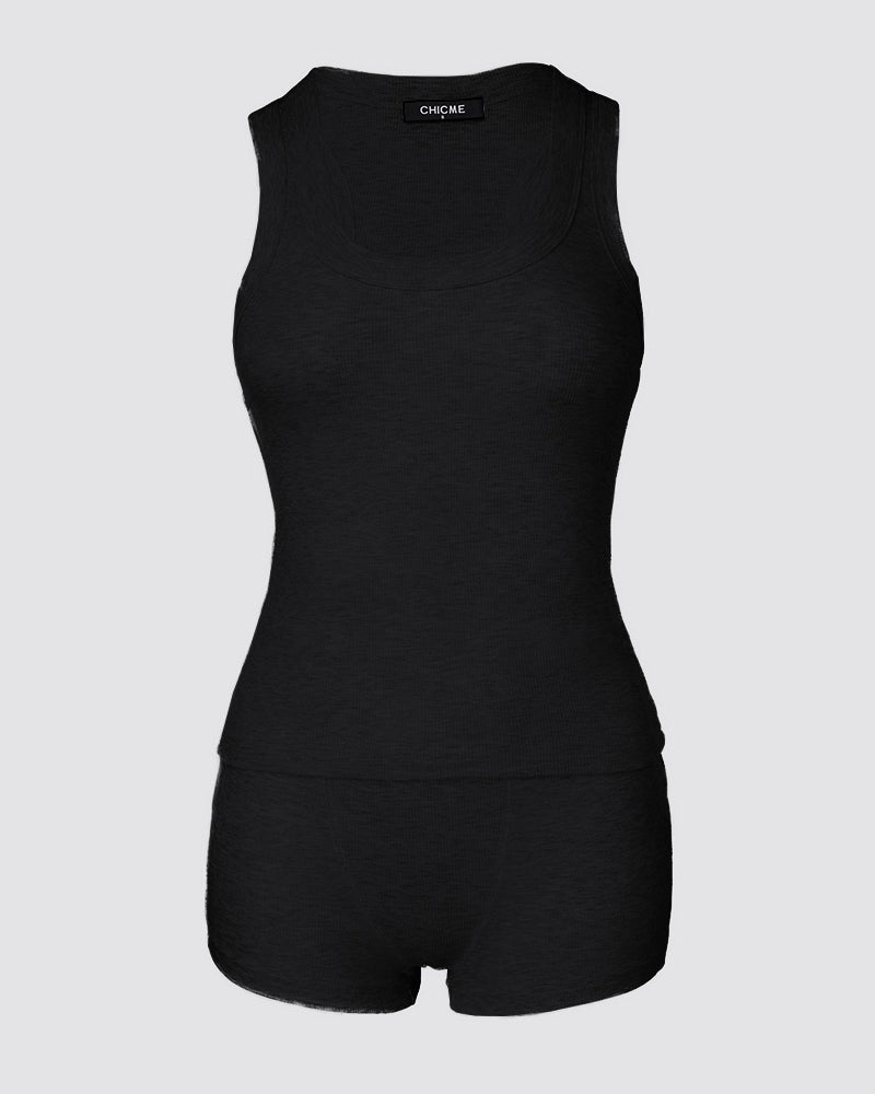2PCS Micro-Ribbed U-Neck Tank Top & Boxer Set Cozy Loungewear