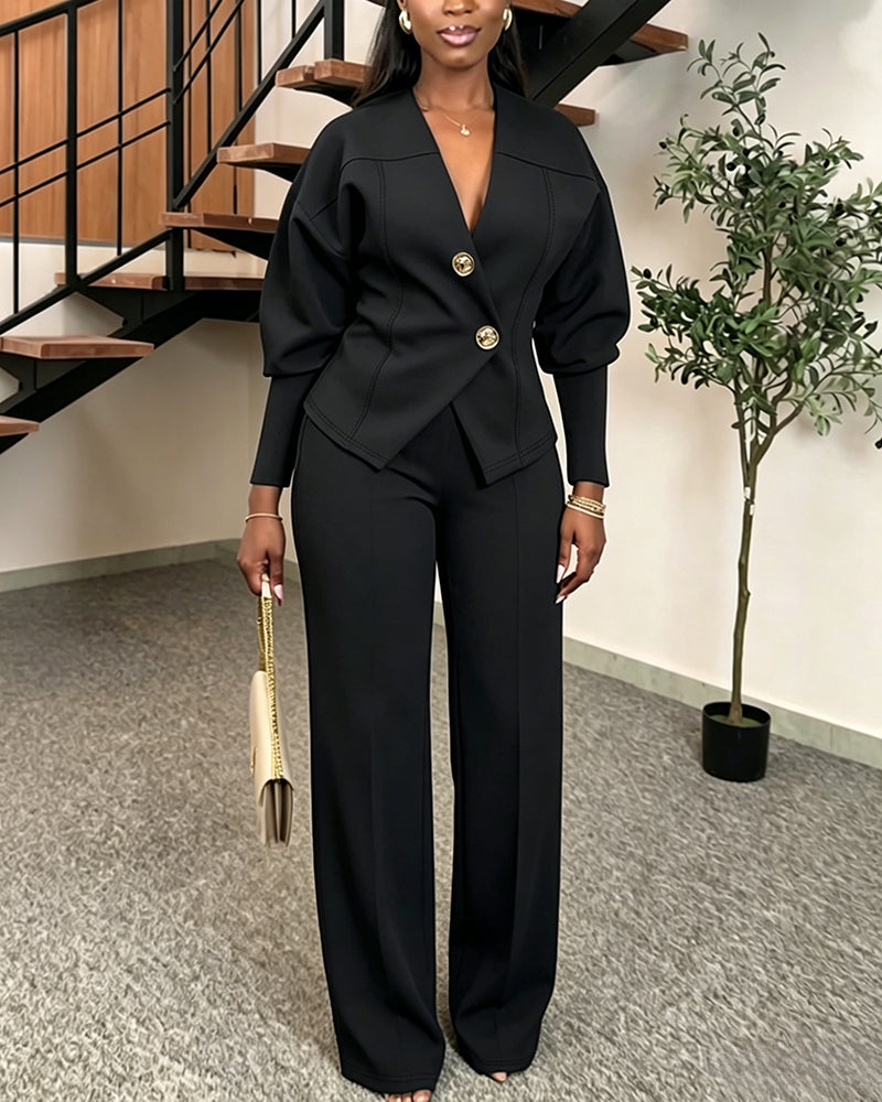 Women's 2 Piece Set V-Neck Cinched Waist Gigot Sleeve Top and High Waist Wide Leg Pants Elegant Set