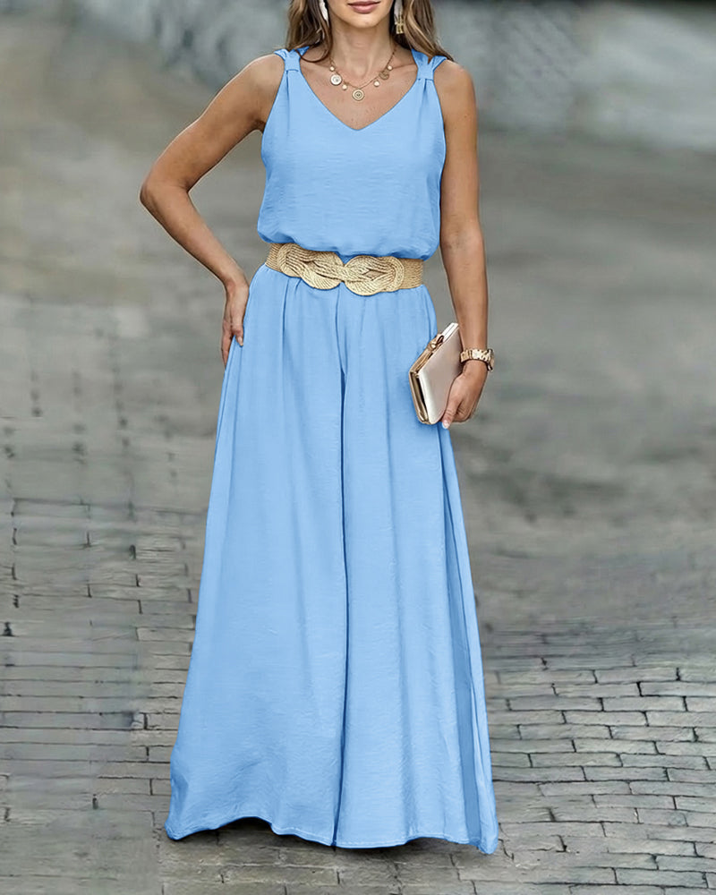 2 Pieces Outfit V-Neck Shoulder Bowknot Design Sleeveless Tank Top and Casual Zipper Fly Elastic Back Waist Wide Leg Pants Set without Belt