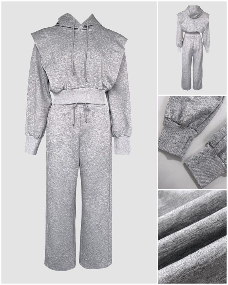 2 Pieces Outfit Long Sleeve Crop Drawstring Hoodie Sweatshirt With Thumb Hole Cuffs And Casual Drawstring Elastic Waist Wide Leg Sweatpants Set