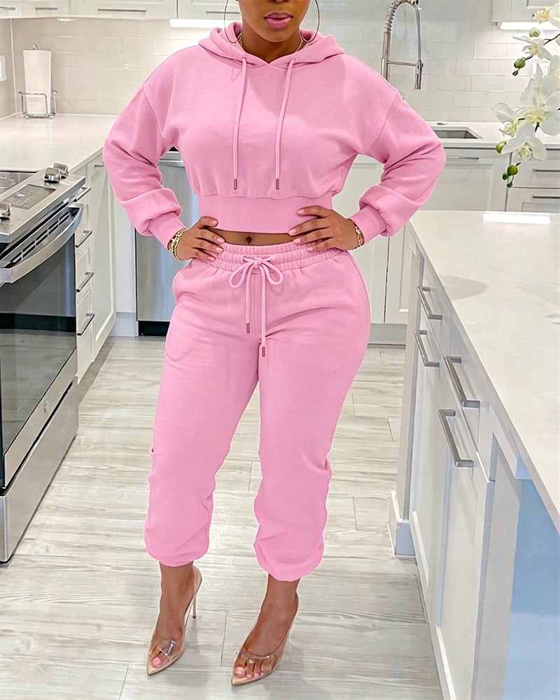 Women's 2 Piece Sweatsuit Set Cropped Drawstring Hoodie and High Waisted Jogger Sweatpants with Pockets