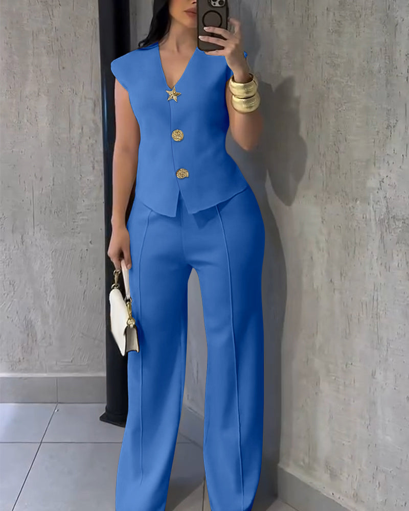 Women's Two-Piece Set Gold Button Sleeveless V-Neck Cinched Waist Top and High-Waist Wide-Leg Pants Elegant Commuter Outfit