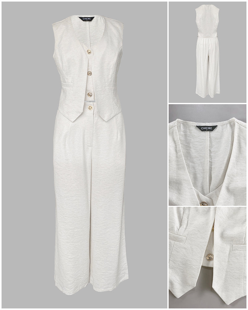 Women's Two Piece Outfits Faux Two Piece Sleeveless Crop Top and High Waisted Wide Leg Pants Elegant Matching Suit