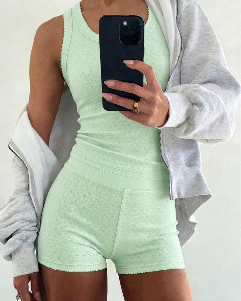 Women's 2 Piece Knit Lounge Set Heart Jacquard Racerback Tank Top and High Waist Shorts Slim Fit Stretchy Outfits
