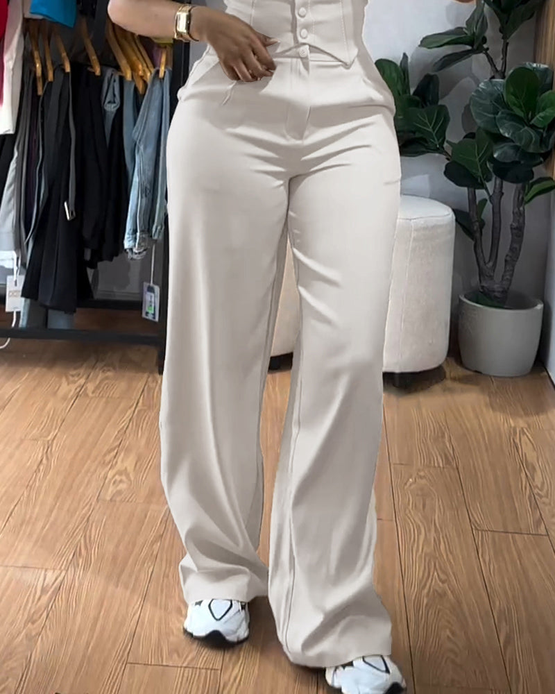 2 Pieces Outfit Thick Strap Button Front Shirred Back Slim Fit Crop Top and Casual High Waist Zipper Fly Elastic Back Waist Wide Leg Pants Set