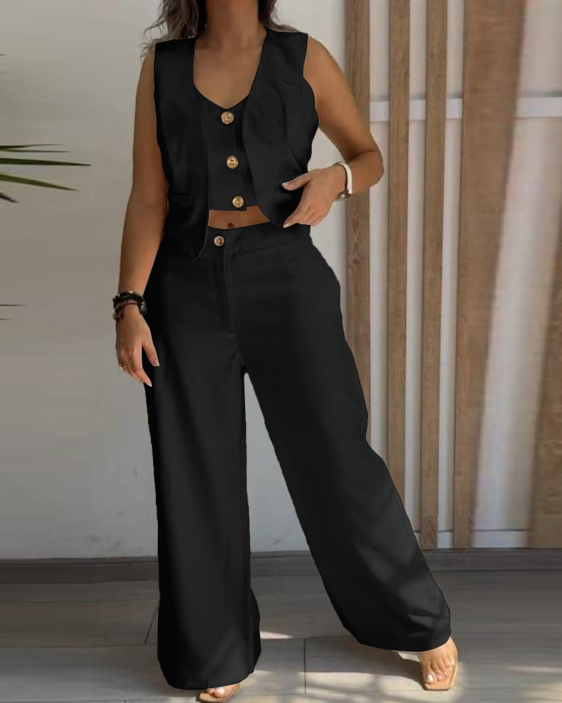 Women's Two Piece Outfits Faux Two Piece Sleeveless Crop Top and High Waisted Wide Leg Pants Elegant Matching Suit