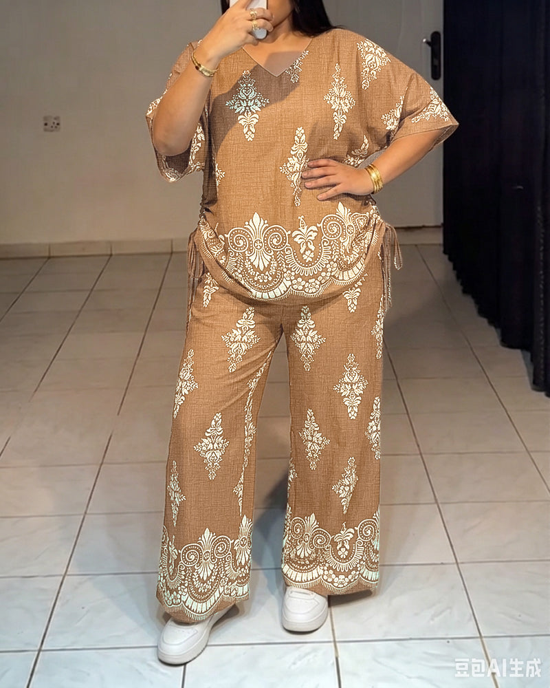 Women's Vintage Print 2 Piece Outfits V Neck Drawstring Ruched Top and Wide Leg Pants Set Casual Loose Loungewear