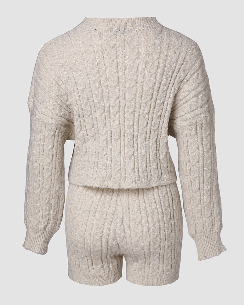 2 Piece Crewneck Long Sleeve Cable Knit Crop Sweater High Waist Shorts Tracksuits Outfits