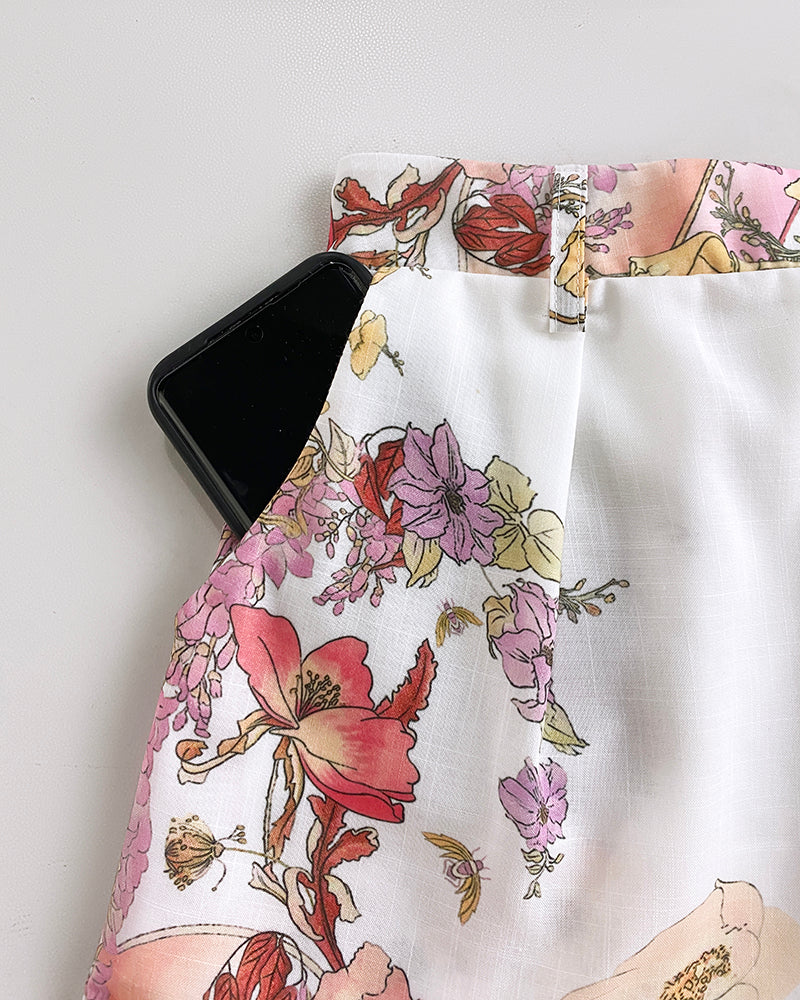 2 Pieces Outfit Floral Placement Print Stand Collar Button Button Front Lantern Sleeve Top and Casual Elastic Back Waist Shorts Set with Belt