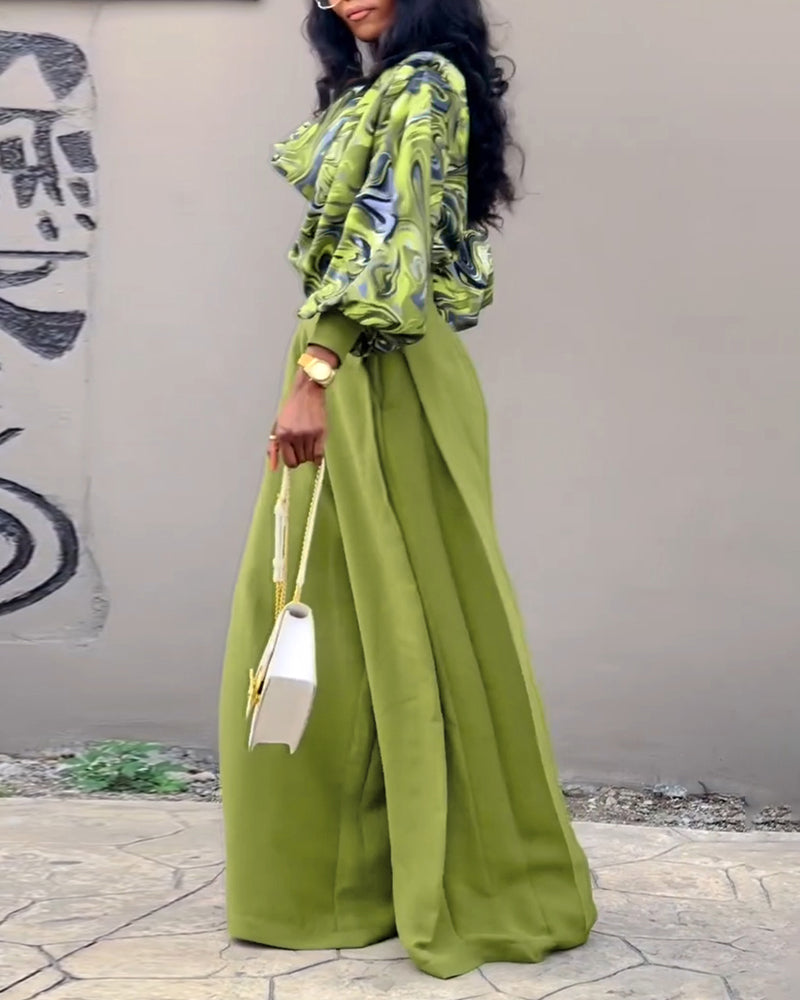 2 Pieces Outfit Abstract Print Cowl Neck Lantern Sleeve Stretchy Hem Crop Top and Casual Zipper Side Ruched Wide Leg Pants Set