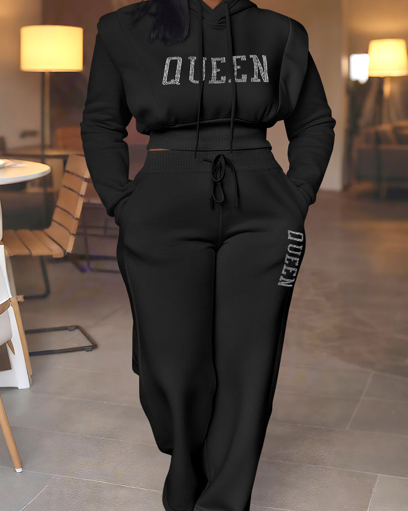 2 Pieces Outfit 3D Design Crop Drawstring Hoodie Top and Drawstring Elastic Waist Wide Leg Sweatpants Set Casual Rhinestone Letter Pattern Sweatshirt Set