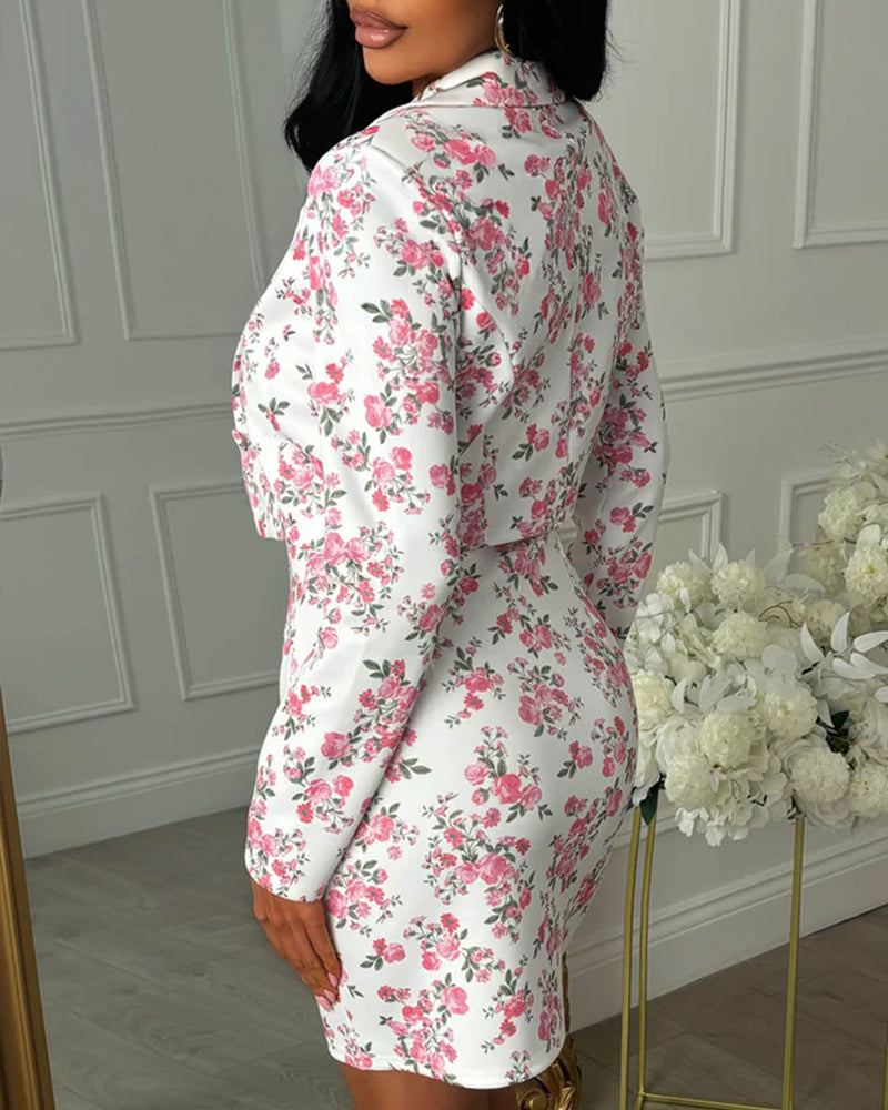 Women's Floral Two-Piece Set Single Breasted Cropped Blazer and Bandeau Bodycon Mini Dress Elegant Suit